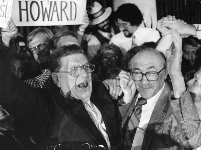 Howard Jarvis and Paul Gann celebrate after Proposition 13 wins on June 6, 1978.